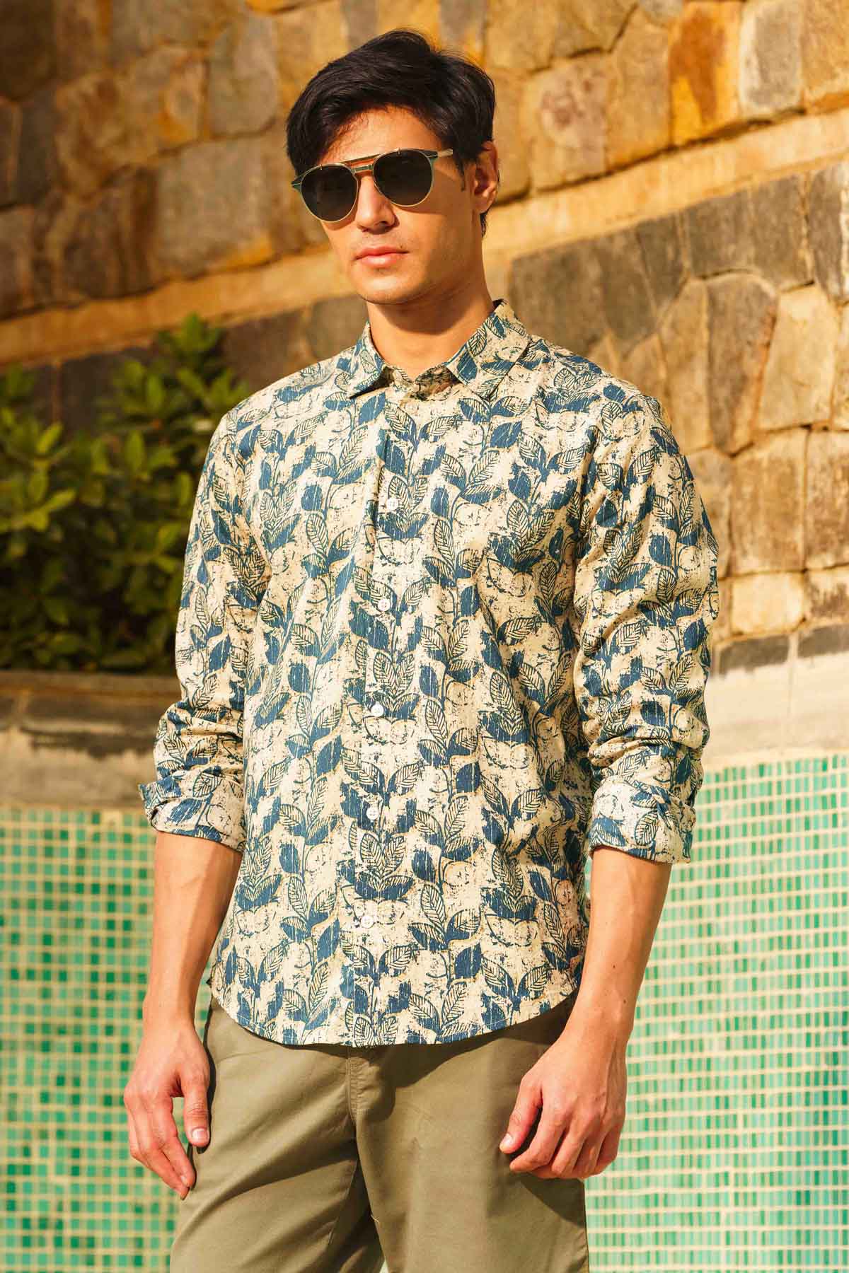 Sewtable Clothing Multicolor Leaf Printed Shirt for men online at ScrollnShops